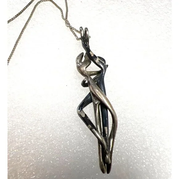 Silver Couple Pendant Necklace 18" Chain Yin Yang Dance Abstract Modernist Vtg - Picture 5 of 10